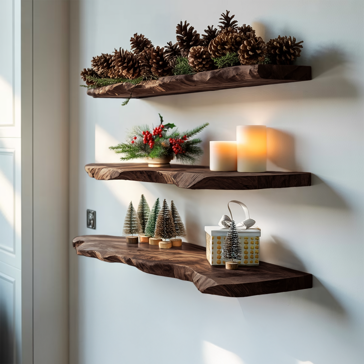 Handcrafted Wooden Floating Shelf For Stylish Christmas Bedroom Decor