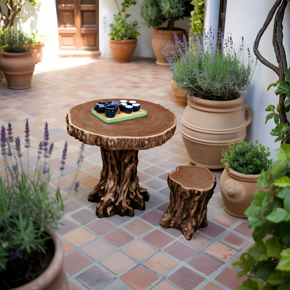 Rustic Tree Trunk Outdoor Table And Stump Seat For Garden And Patio