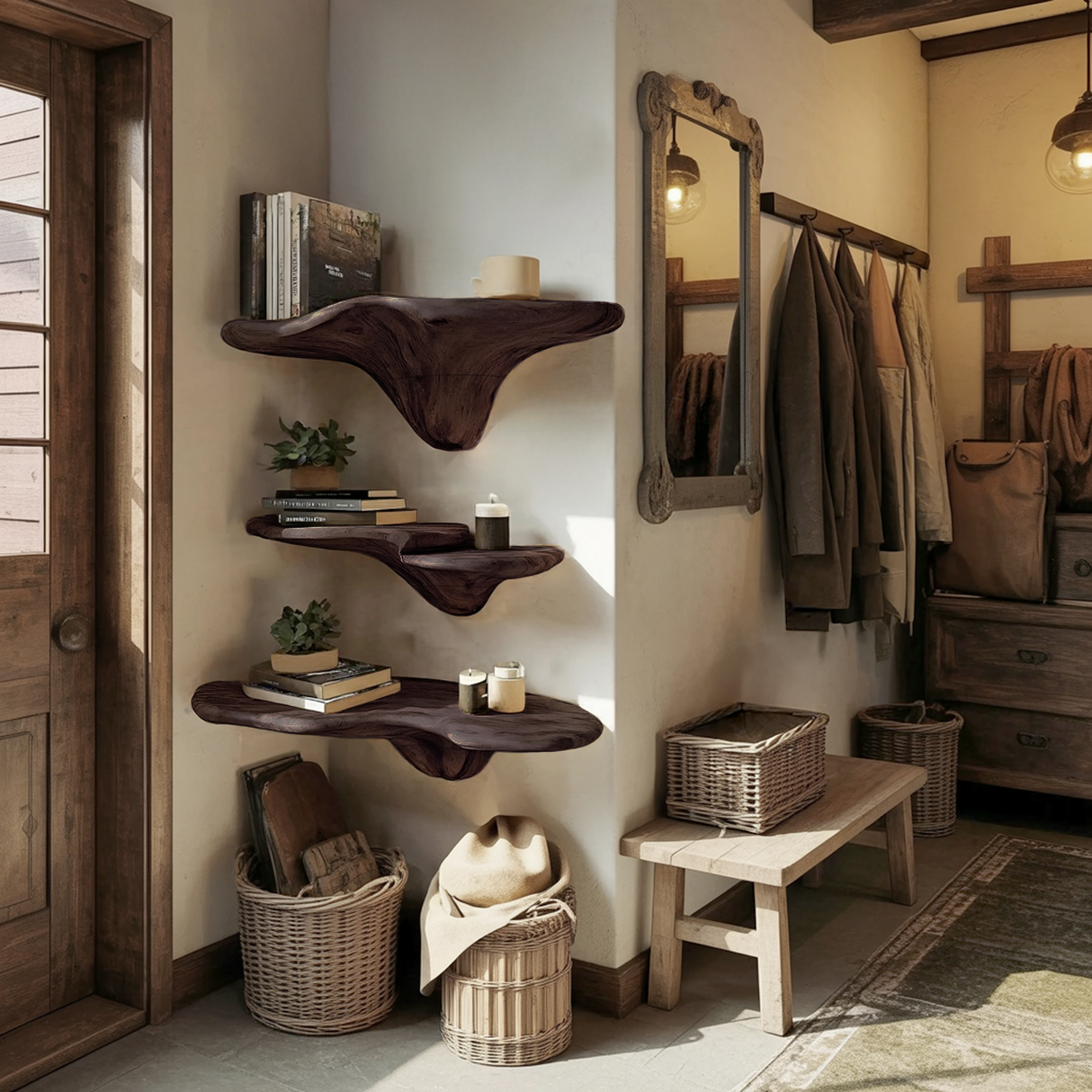 Handcrafted Wooden Live Edge Mushroom Shelf For Artistic Home Decor