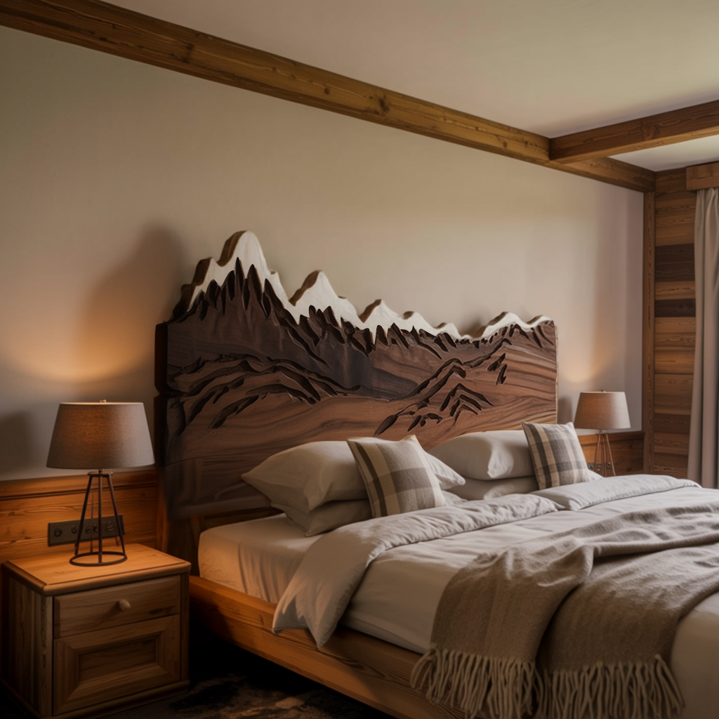 Rustic Style Mountain Carved Headboard Wall Art Bedroom