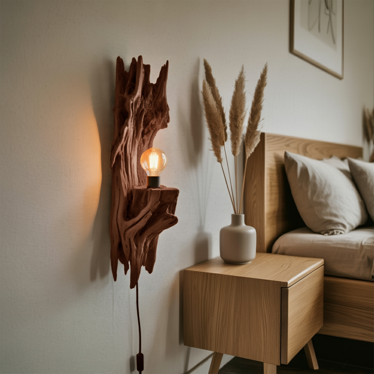 Rustic Driftwood Wall Lamp With Sculpted Form For Bedroom Or Living Room