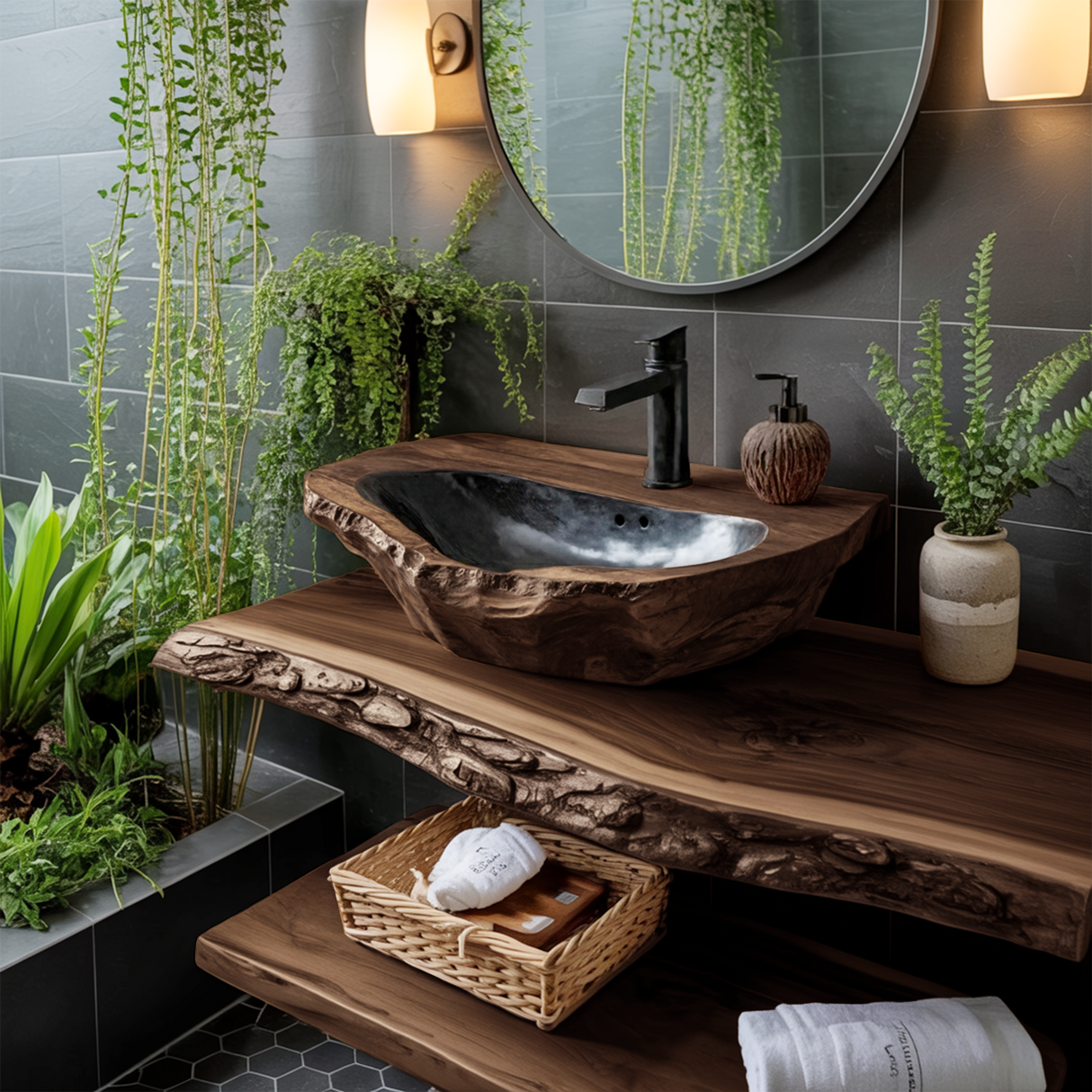 Mid Century Handcrafted Wood Wash Basin For Bathroom Decor