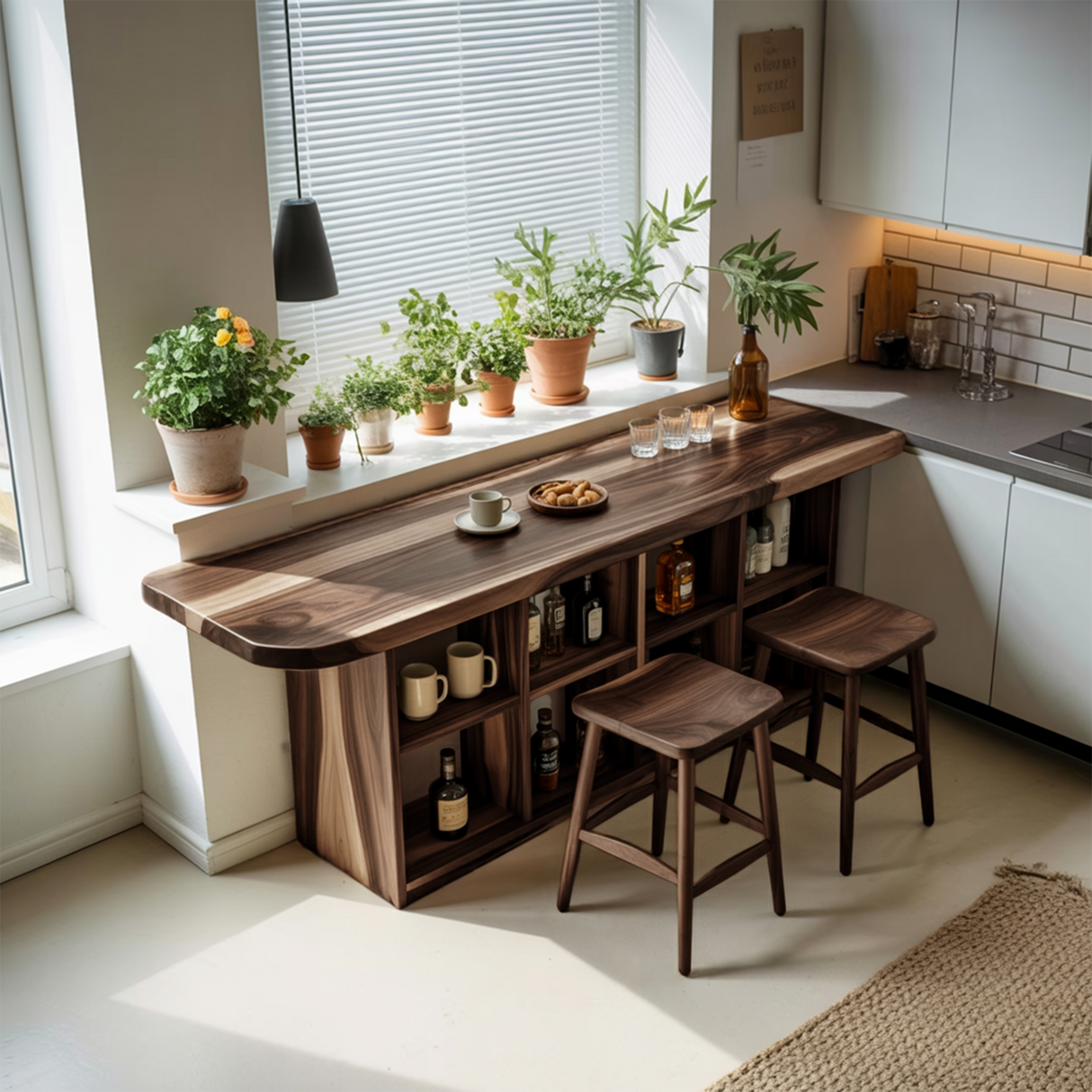 Curved Wood Bar Table With Storage For Kitchen Or Dining Area