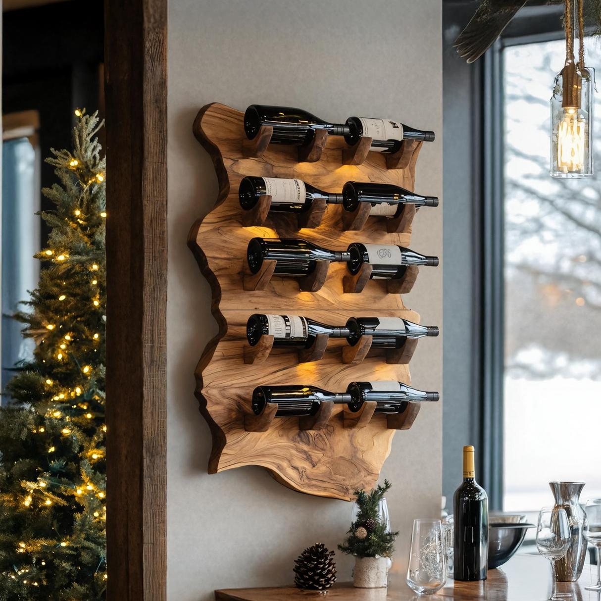 Farmhouse Wooden Live Edge Wine Holder For Furniture Decor