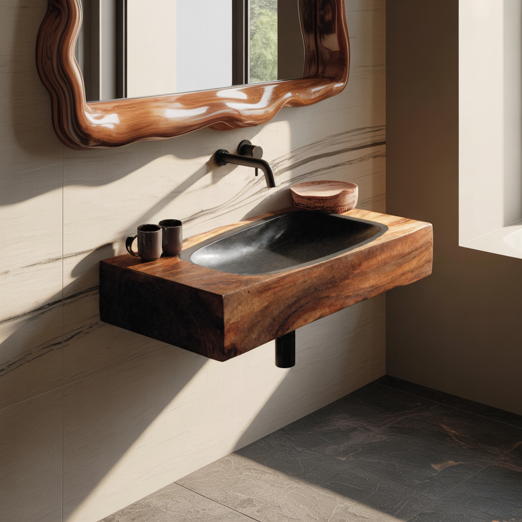 Farmhouse Wooden Live Edge Wood Basin For Organic Bathroom Design