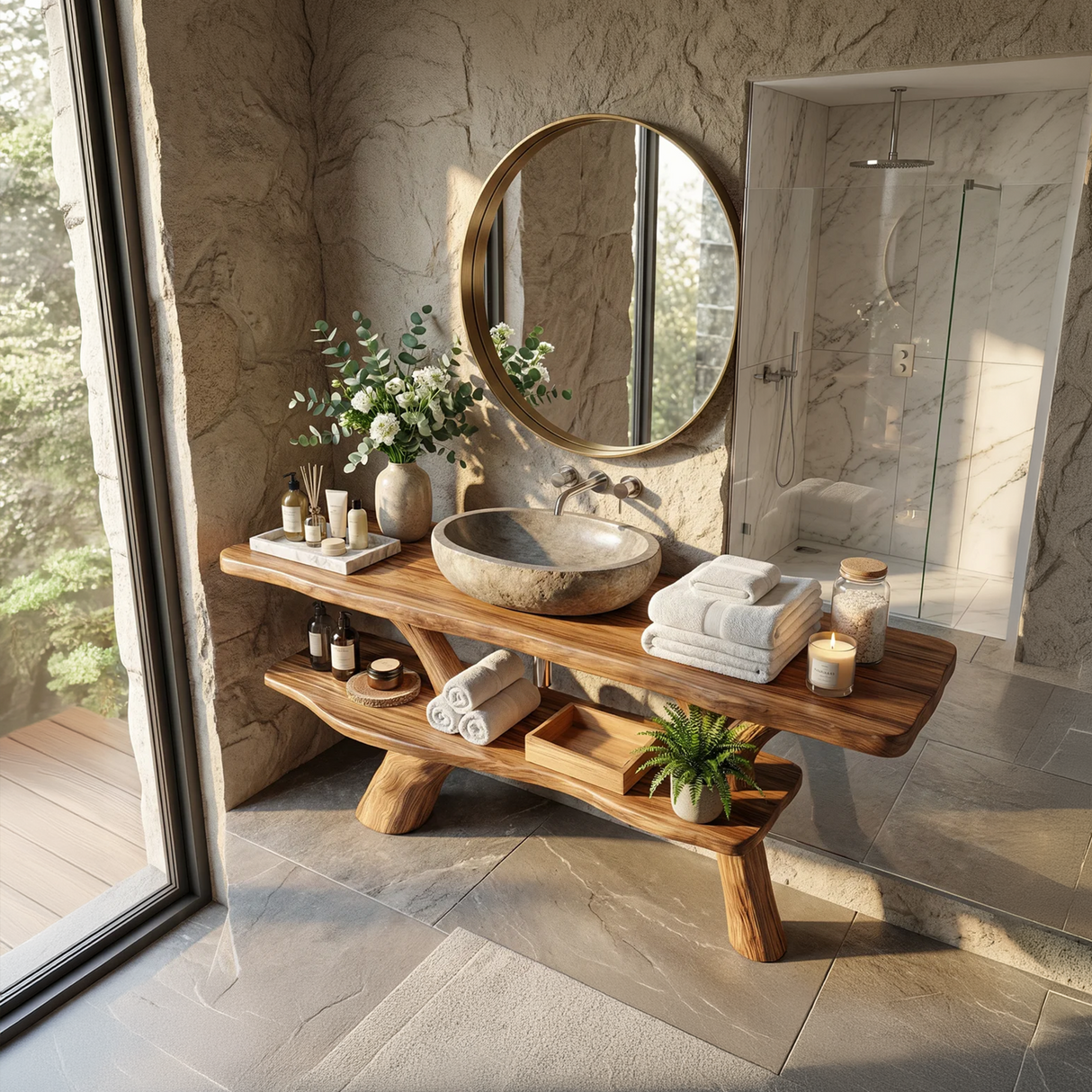 Modern Bathroom Vanity Solid Wood With Open Shelf For Minimal Bath