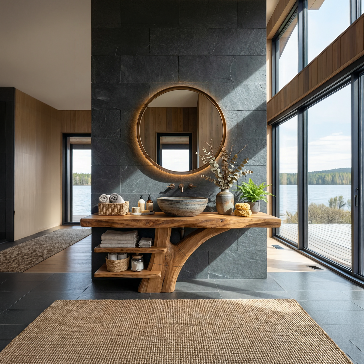 Handcrafted Live Edge Bathroom Vanity With Storage Shelf For Spa Bath