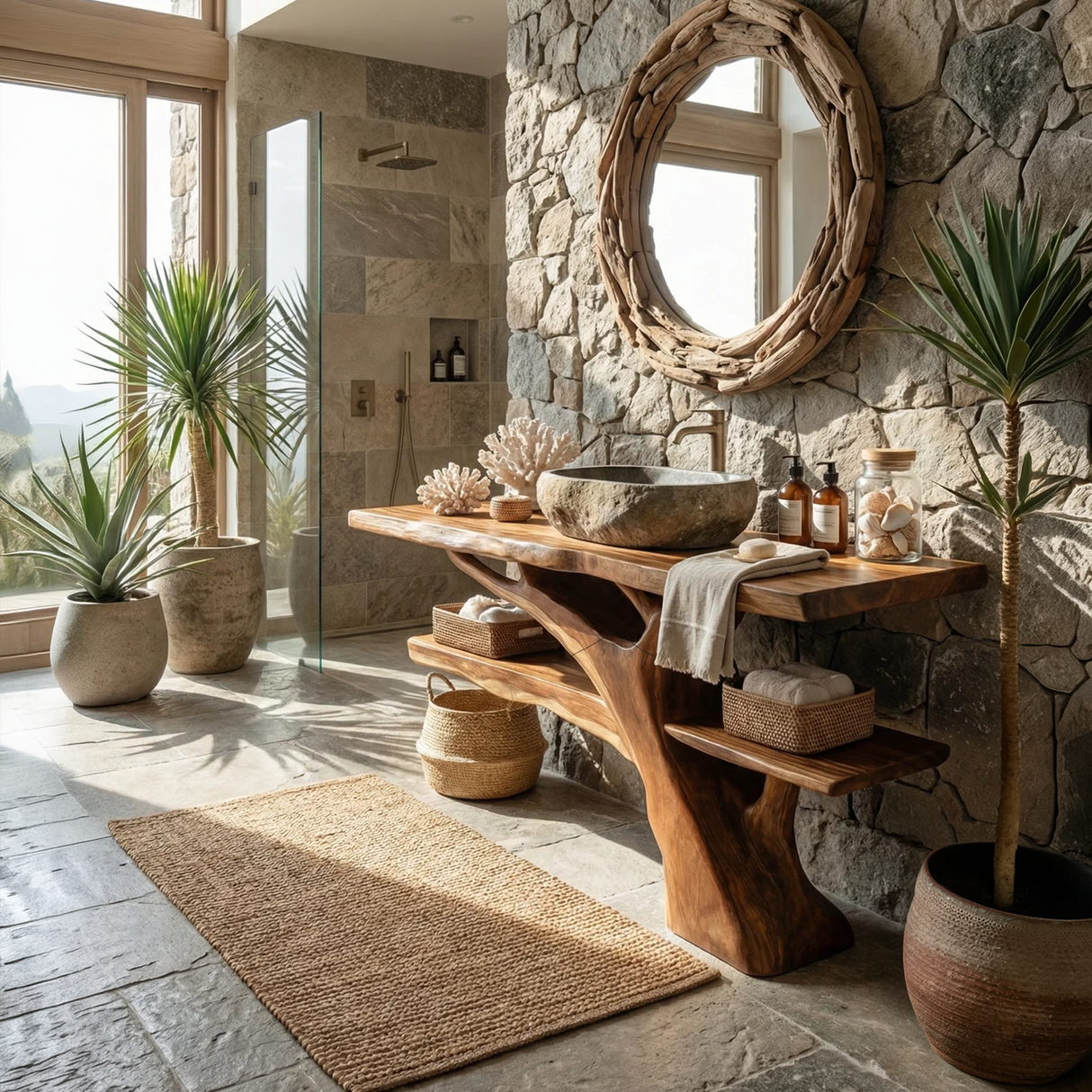 Mid Century Solid Wood Bathroom Vanity Sculptural Live Edge For Bathroom