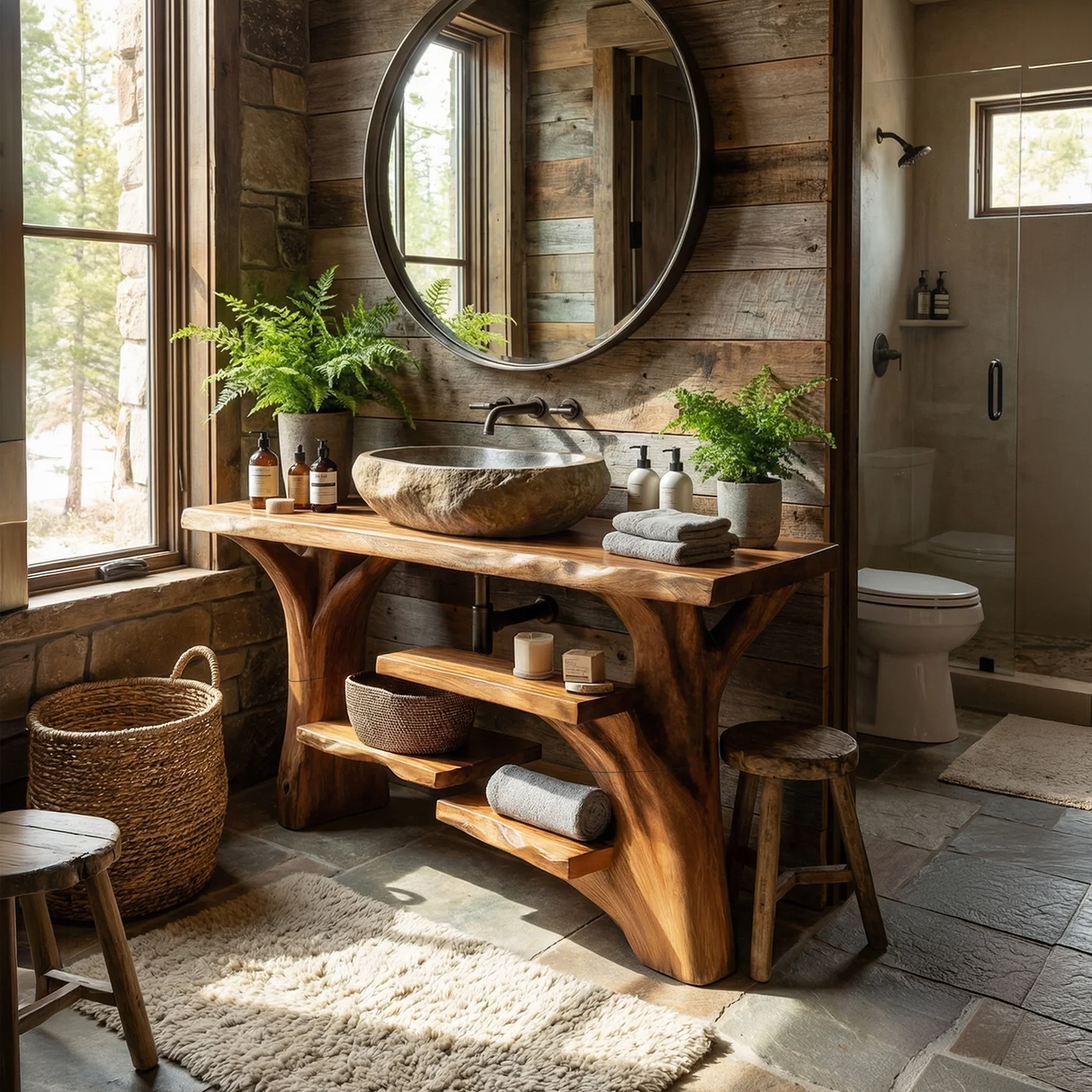 Handcrafted Solid Wood Bathroom Vanity Organic Live Edge For Spa Bathroom