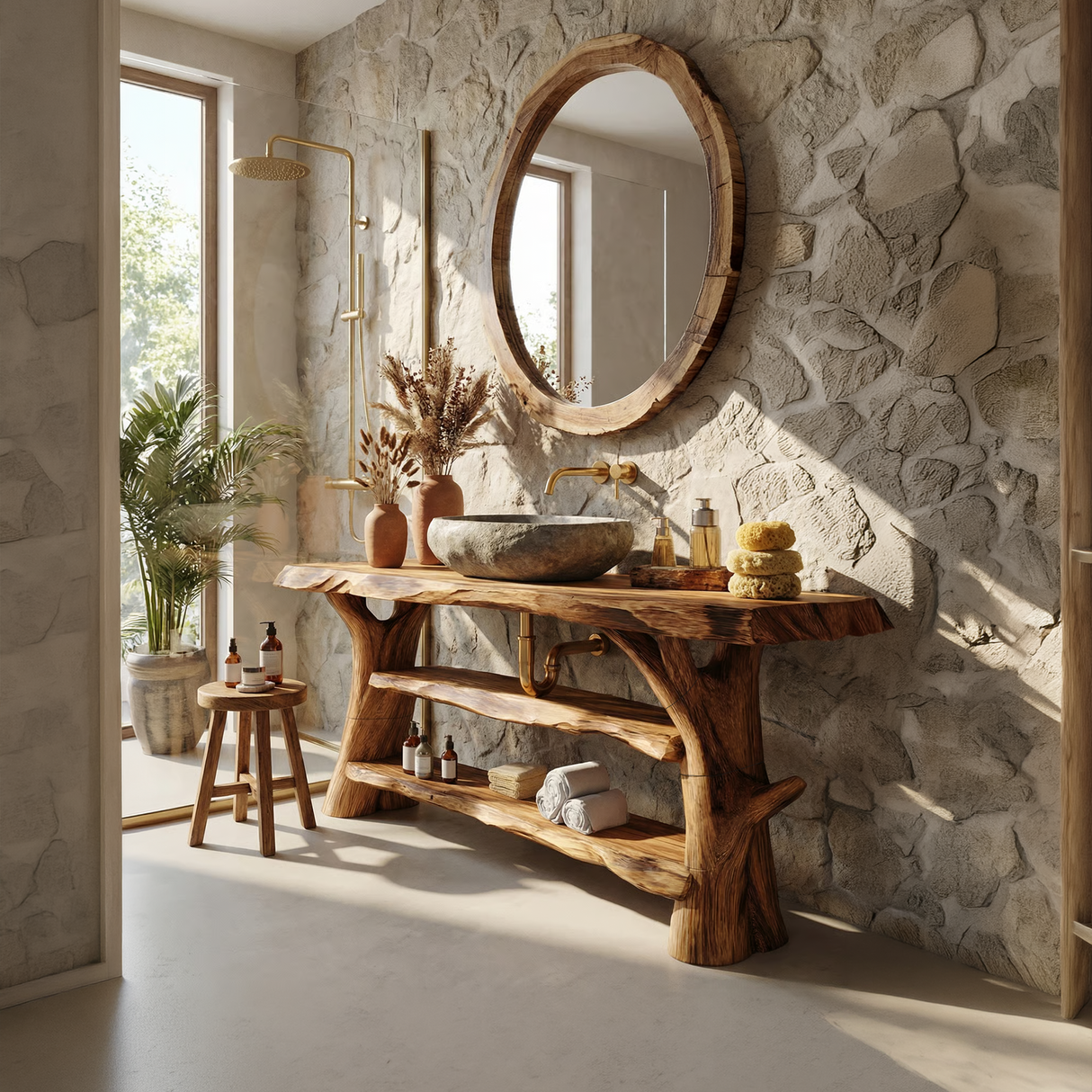 Mid Century Solid Wood Bathroom Vanity Sculptural Live Edge For Bath