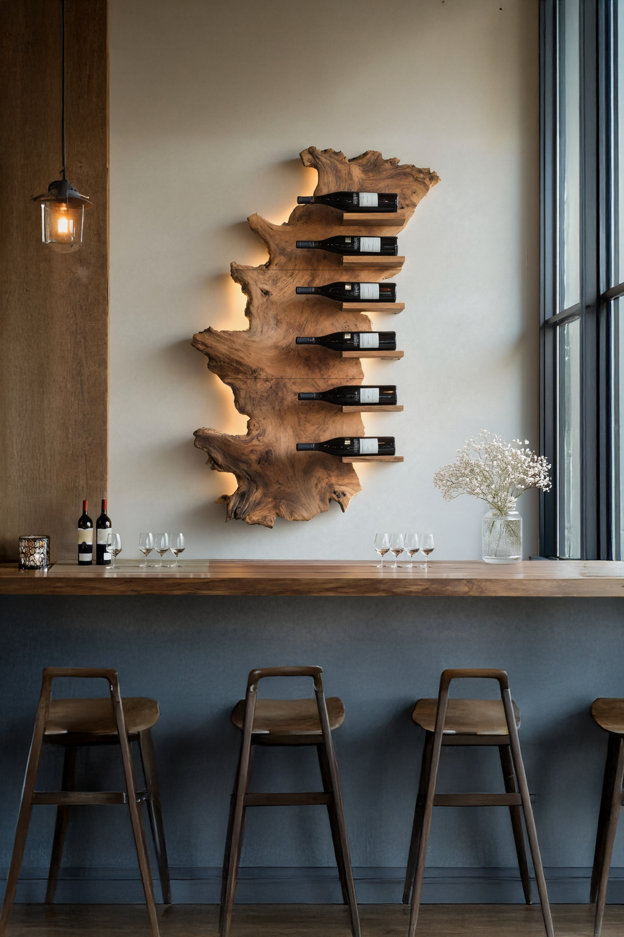 Handcrafted Wooden Live Edge Wine Holder For Bar Display Art