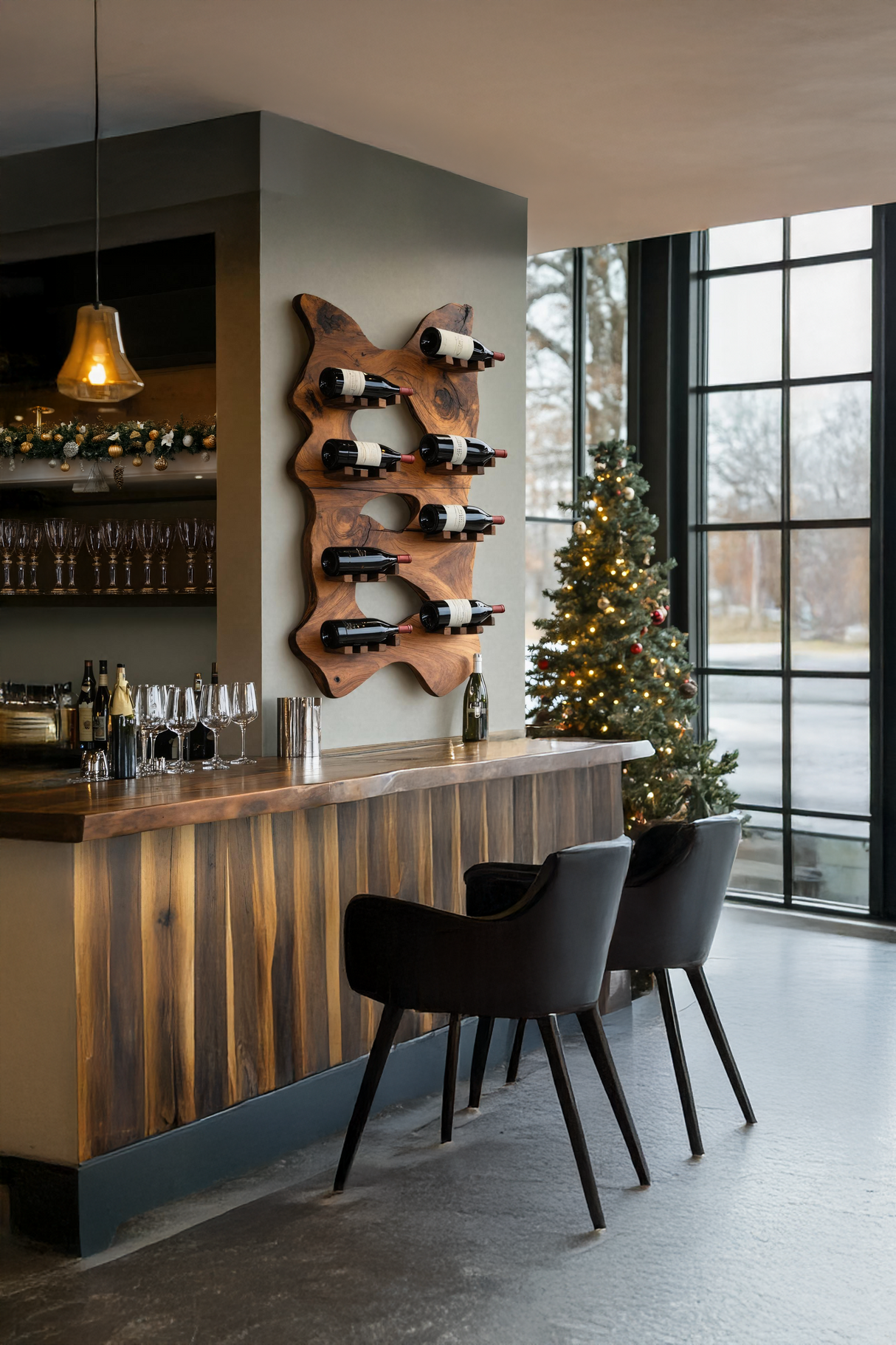 Mid Century Wooden Live Edge Wine Holder For Living Room Decor