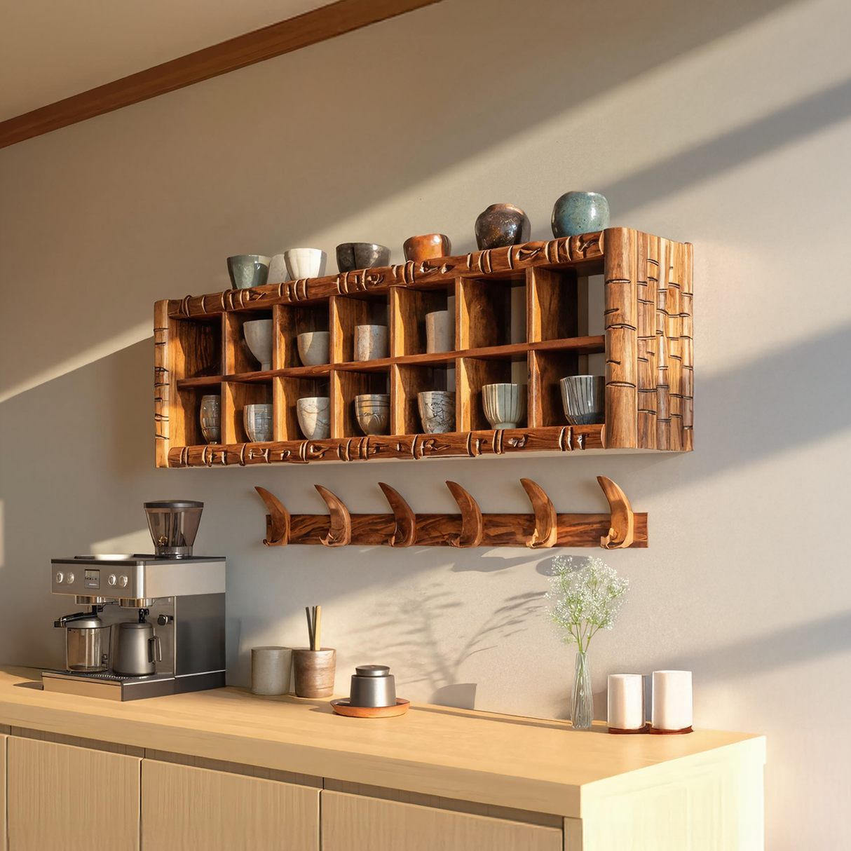 Modern Wooden Shelf With Hooks For Small Kitchen Design