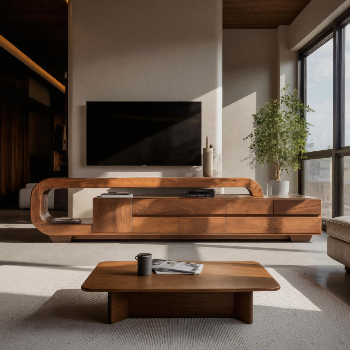 Modern Sculpted TV Console With Open Frame For Living Room