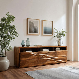 Organic Wave Carved Wood Sideboard For Living Room
