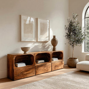 Minimal Wooden Sideboard With Rounded Edge Shelf For Living