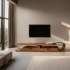 Handcrafted Organic Curved TV Shelf With Drawers For Living Decor