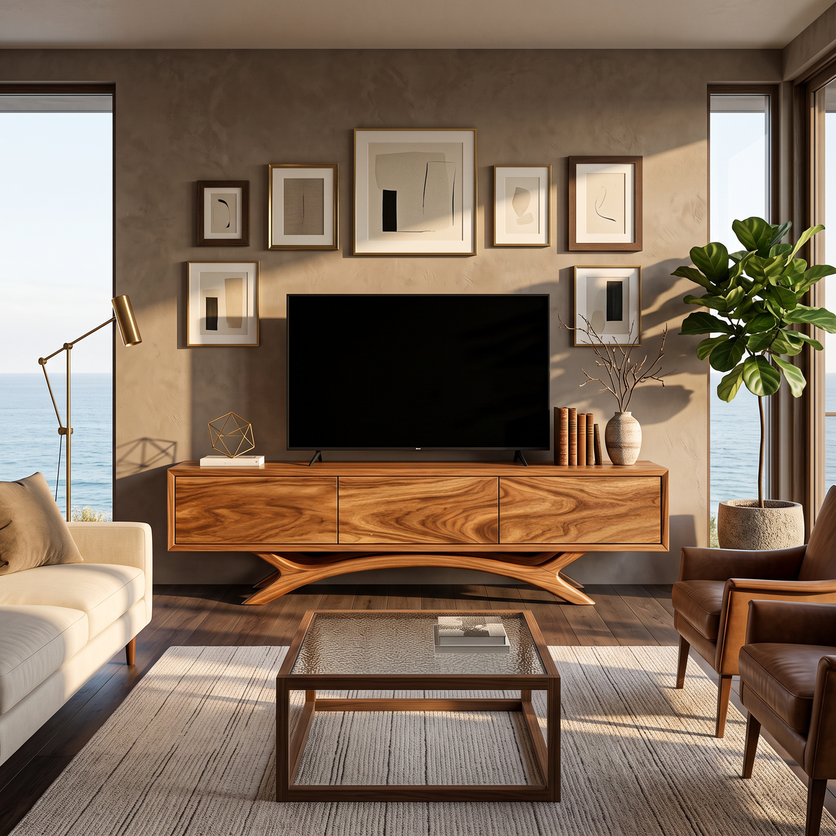 Mid Century Wooden TV Stand With Curved Base For Home