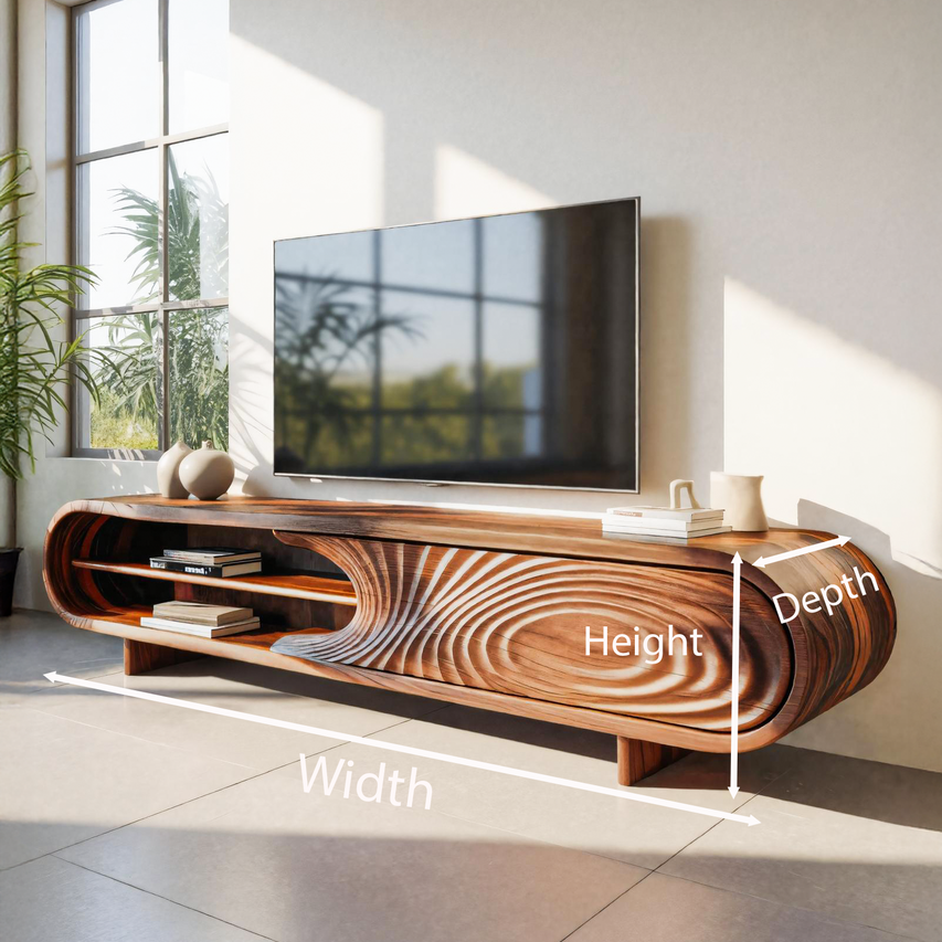Modern Sculptural Wood TV Stand With Carved Door For Living Room