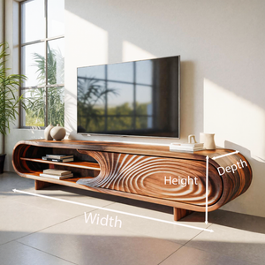Modern Sculptural Wood TV Stand With Carved Door For Living Room