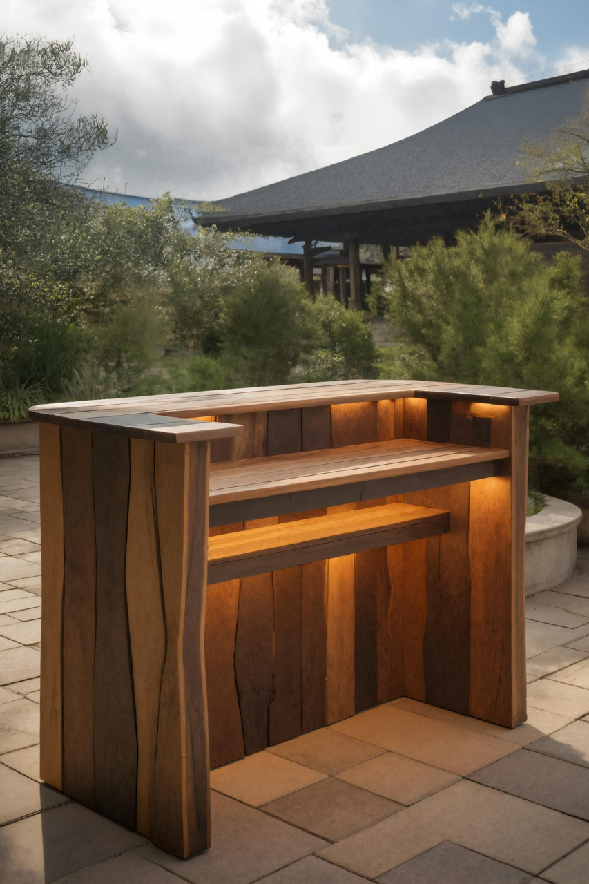 Rustic Live Edge Bar Counter With Lighting For Patio