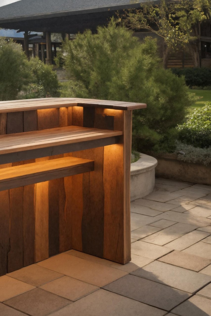 Rustic Live Edge Bar Counter With Lighting For Patio