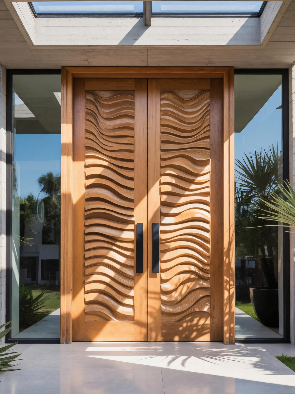 Modern Sculpted Double Door With Wave Carving For Luxury Entryway