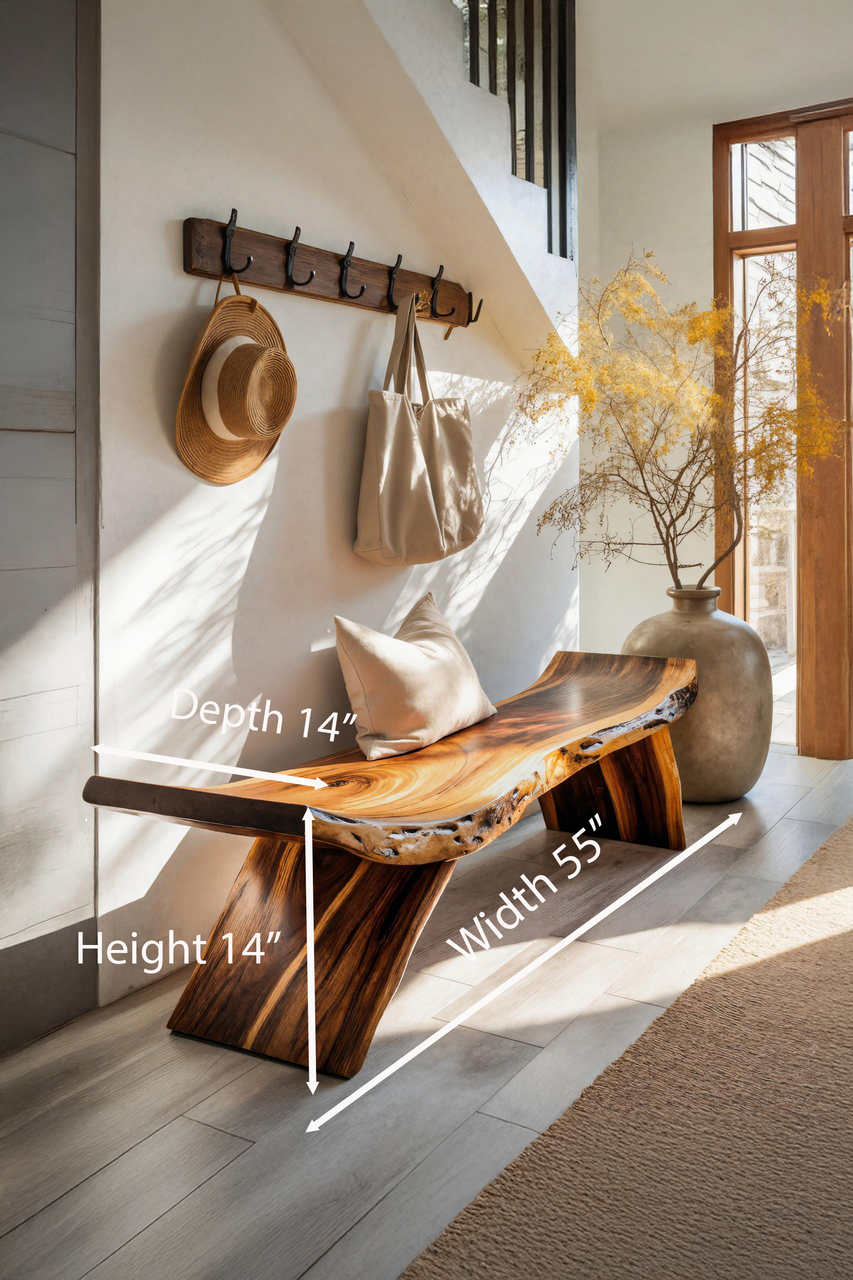Rustic Live Edge Bench With Organic Curves For Entryway