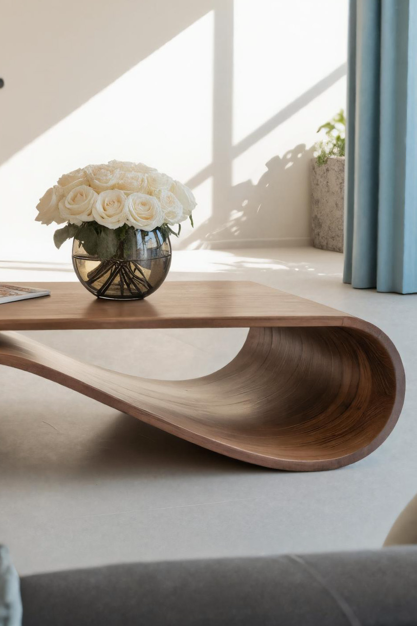 Modern Curved Coffee Table With Drawers For Living Room