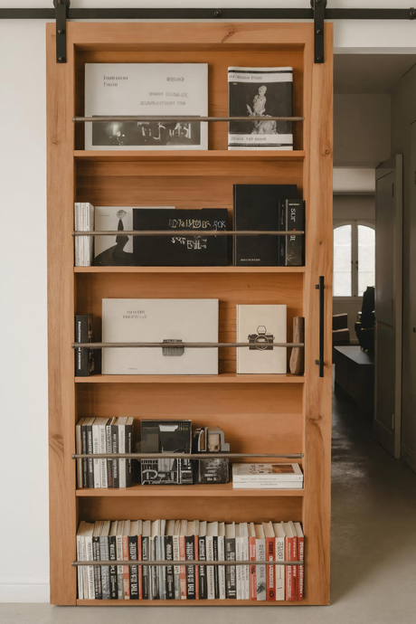 Modern Sliding Barn Door With Built-In Bookshelf For Living Room