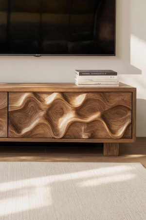 Hand Carved TV Stand With Wave Design For Living Room