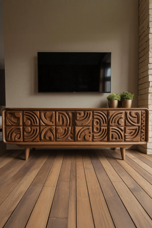 Hand Carved TV Console With Geometric Doors For Living Room