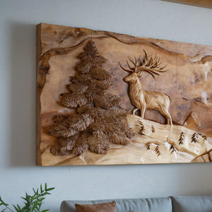 Rustic Wall Art With Carved Deer For Living Room