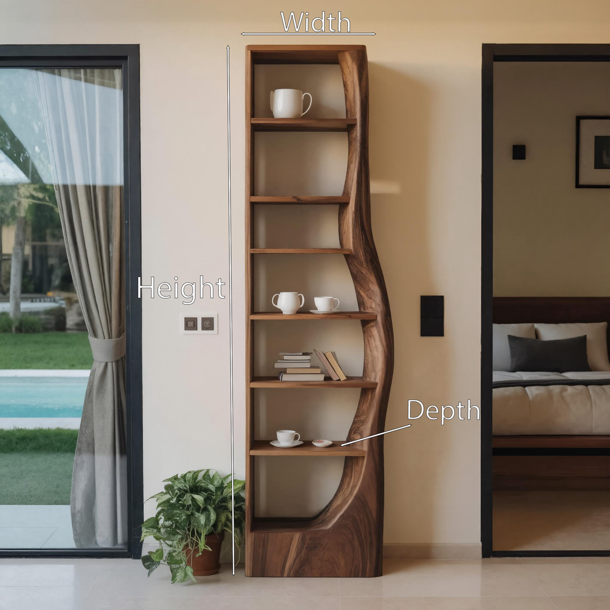 Organic Wooden Standing Shelf With Curved Side For Living Display