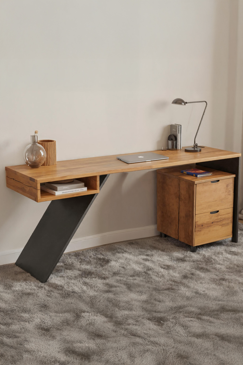 Modern Wood Desk With Storage Cabinet For Home Office Or Studio