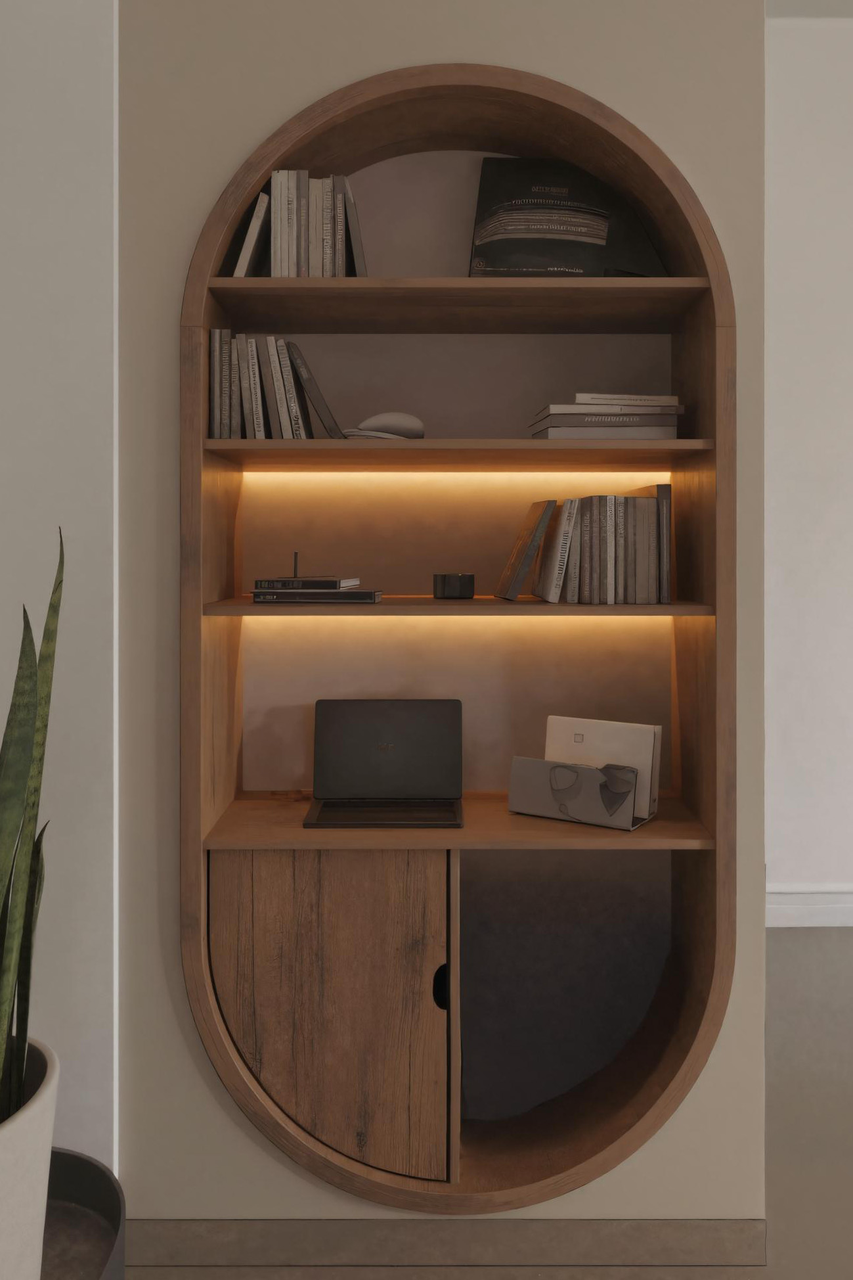 Arched Wooden Wall Bookshelf With Storage For Living Room