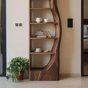 Organic Wooden Standing Shelf With Curved Side For Living Display
