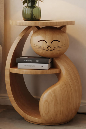 Whimsical Cat Shaped Wooden Side Table For Bedroom
