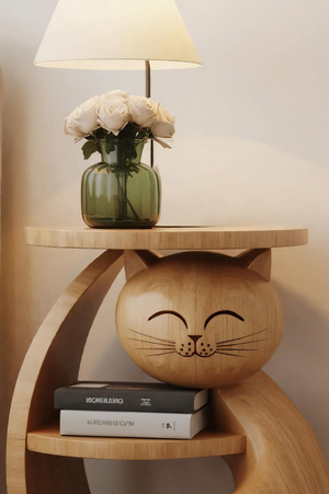 Whimsical Cat Shaped Wooden Side Table For Bedroom