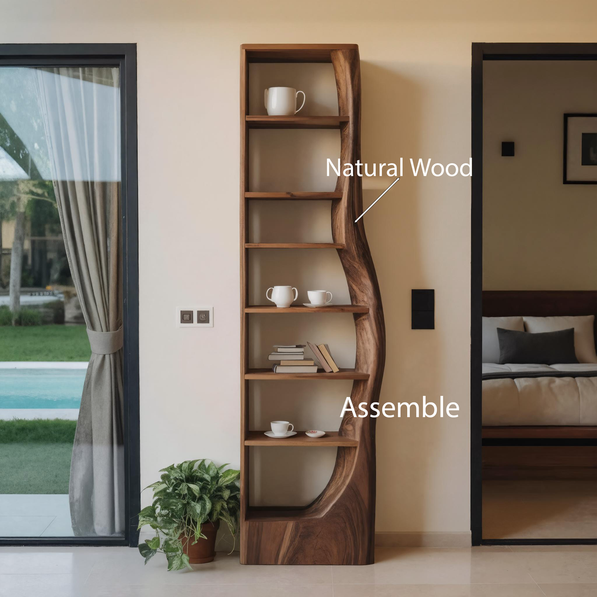Organic Wooden Standing Shelf With Curved Side For Living Display
