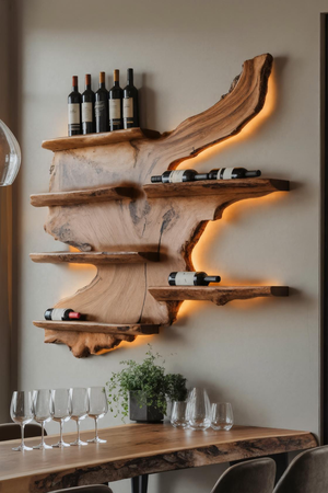 Rustic Live Edge Wine Rack Shelf With LED For Bar