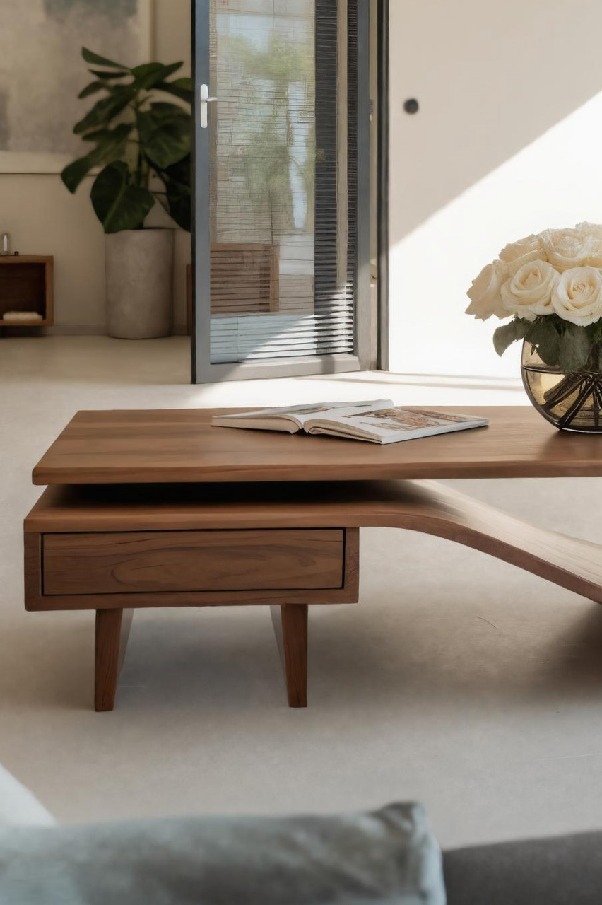 Modern Curved Coffee Table With Drawers For Living Room