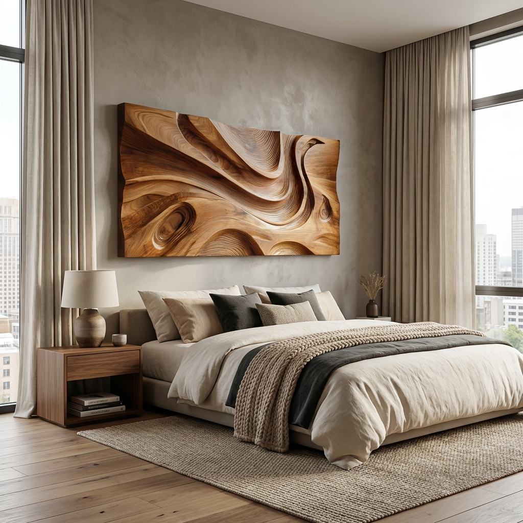 Wooden Wall Art With Hand Carved Wave For Modern Home