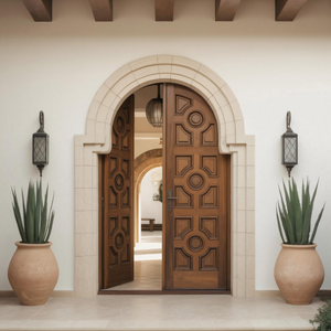 Mediterranean Double Entry Door With Geometric Panels For Spanish Home