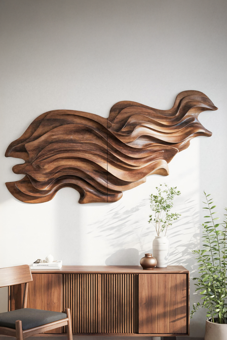 Flowing Wave Wall Sculpture With Abstract Carving For Living Room
