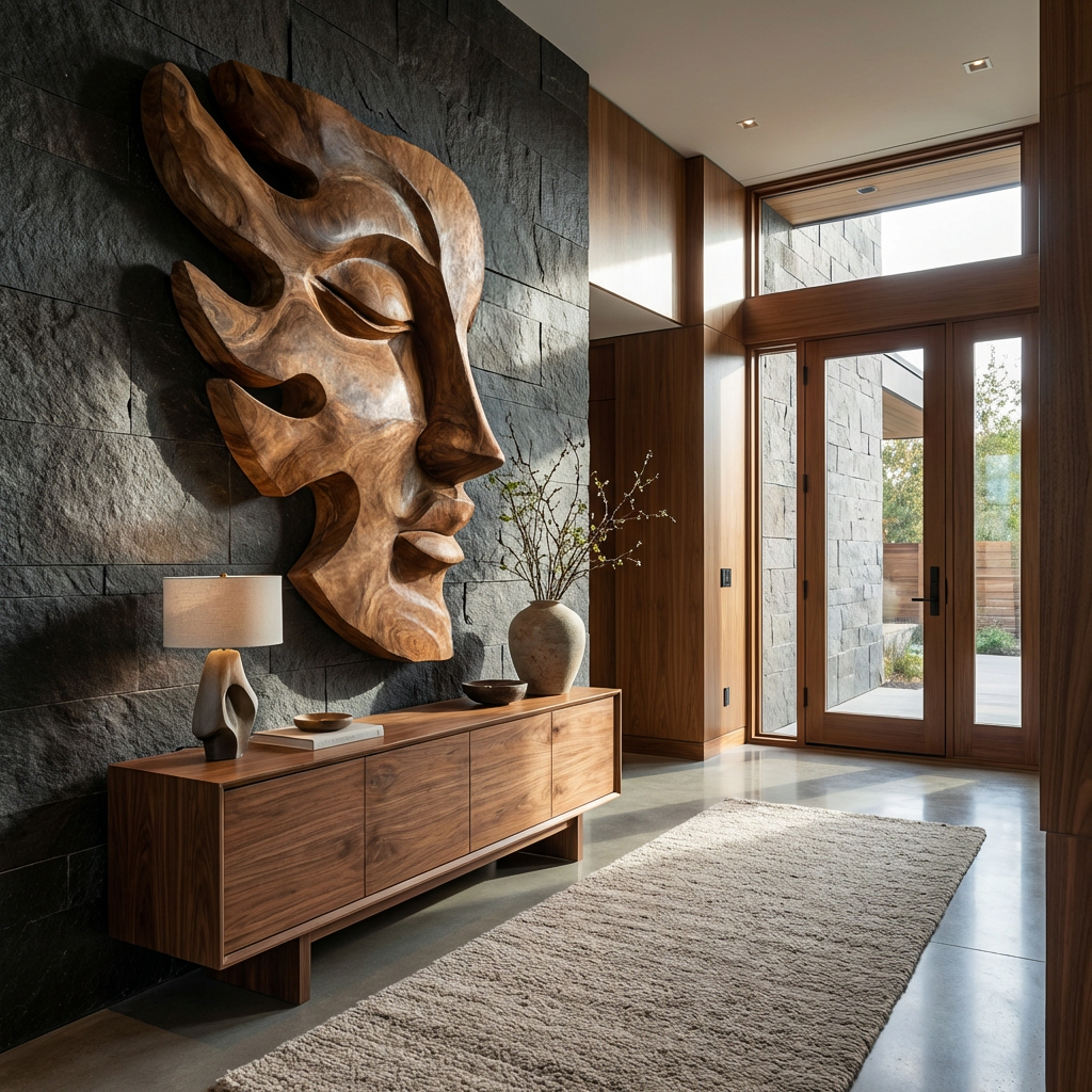 Handcrafted Wooden Face Wall Art With Sculptural Form For Interior