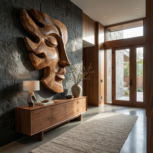Handcrafted Wooden Face Wall Art With Sculptural Form For Interior