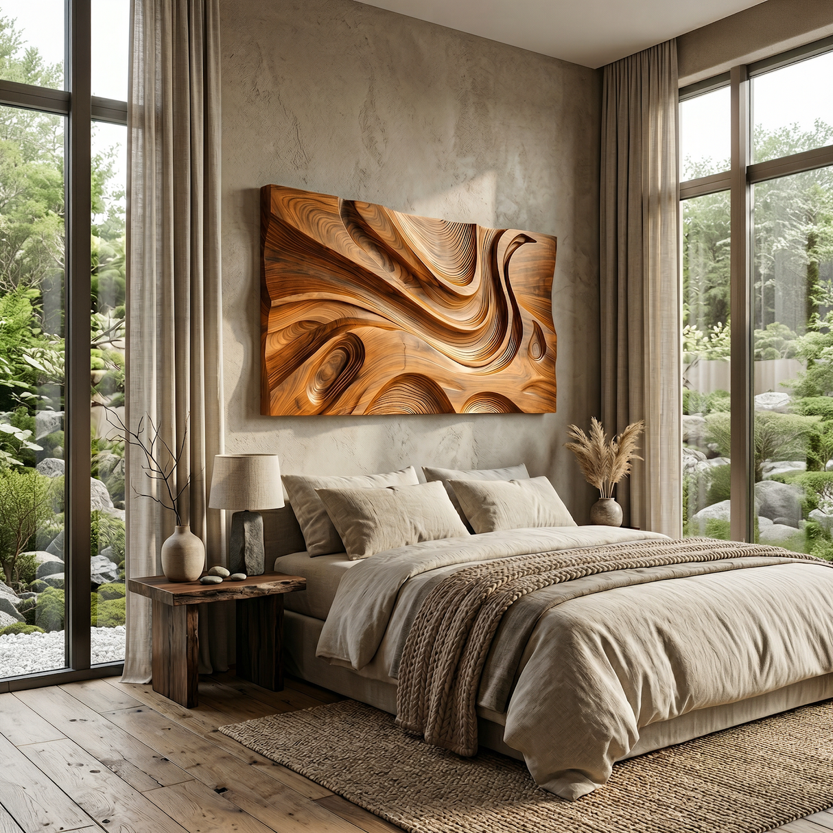 Wooden Wall Art With Hand Carved Wave For Modern Home