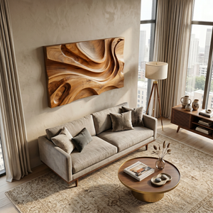 Wooden Wall Art With Hand Carved Wave For Modern Home