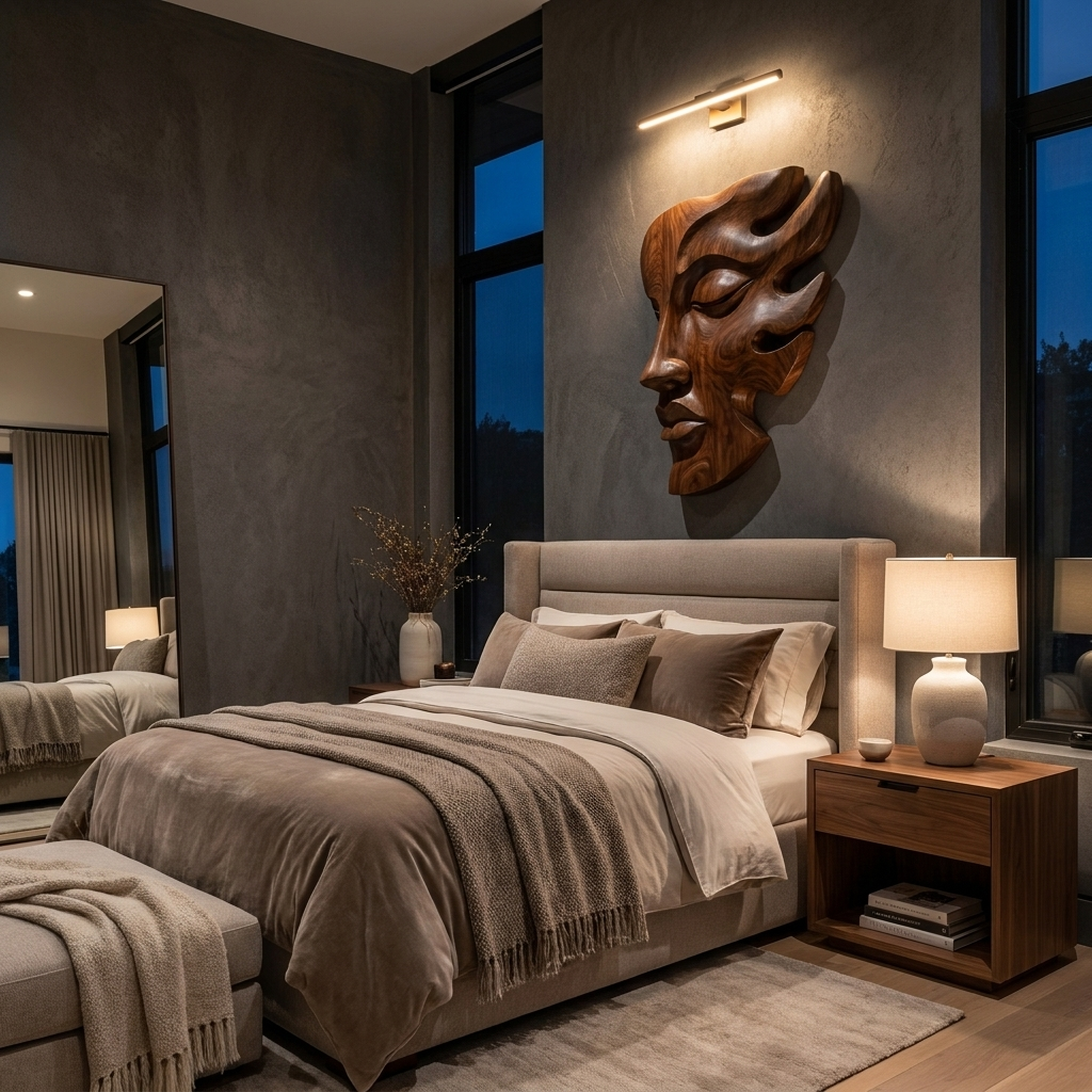 Handcrafted Wooden Face Wall Art With Sculptural Form For Interior